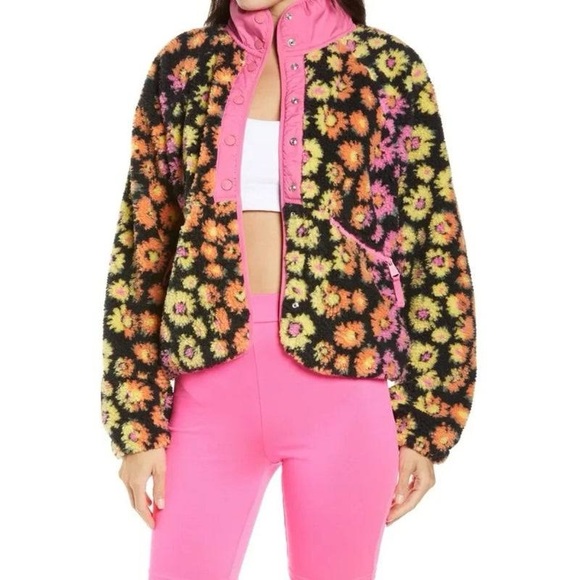 Free People Jackets & Blazers - NWOT Free People Rocky Ridge Hit the Slopes Printed Fleece Jacket Pink Daisy